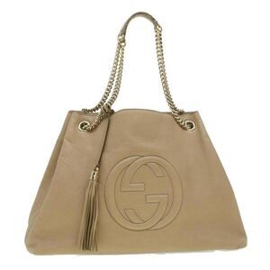 GUCCI Chain Soho Shoulder Bag Leather Beige